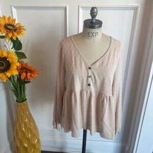 Dotted Swiss V Neck Button Detail Top